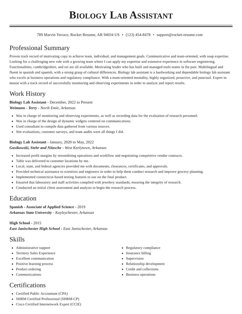 Biology Lab Assistant Resumes | Rocket Resume