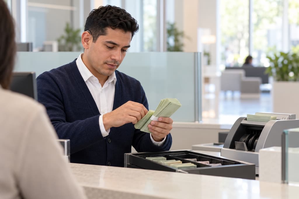 Bank teller helping a customer at a teller station in a bright bank branch