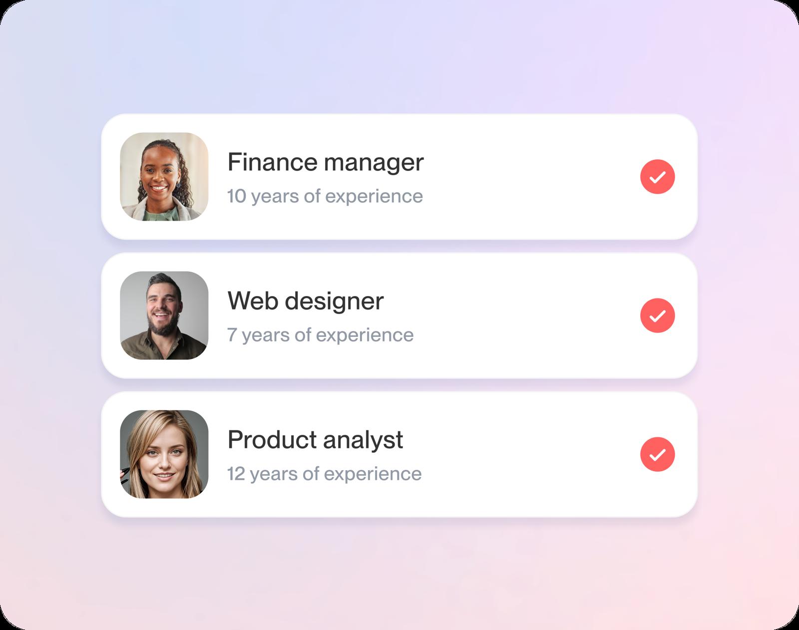 Three candidate cards showing job titles, years of experience, and check marks