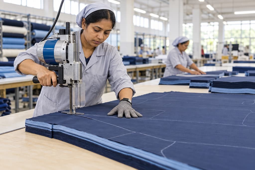 Fabric cutter guiding an electric cutter through stacked cotton in a garment factory