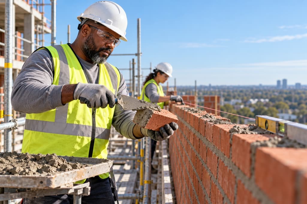 Mason foreman laying brick on the wall of a new mid-rise building
