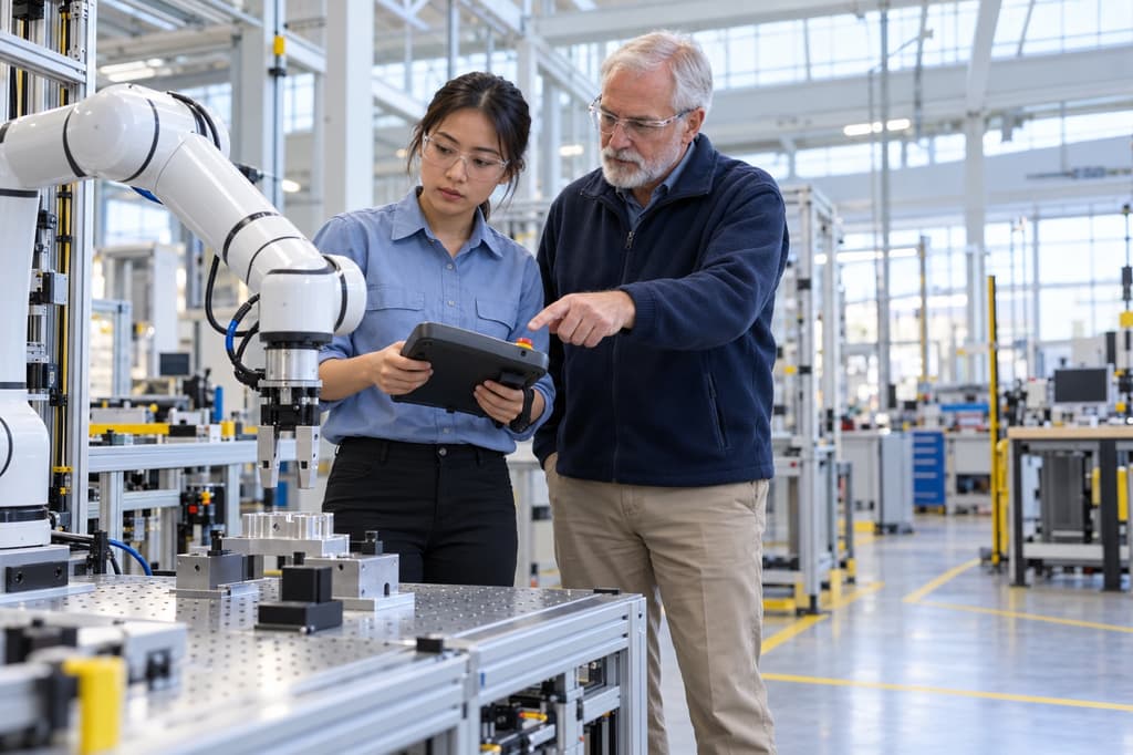 Mechatronics intern programming a collaborative robot arm in an automation lab