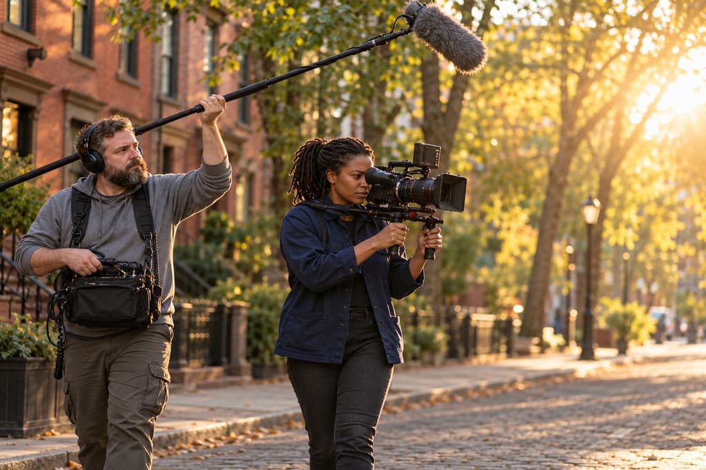 Two-person documentary crew filming on a tree-lined city street at golden hour